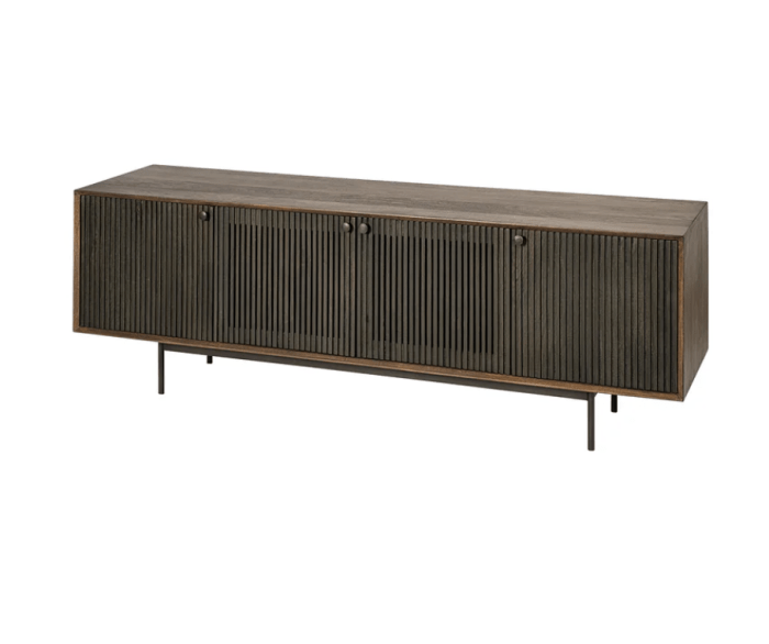 Grace I Two-Toned Brown Solid Wood TV Stand Media Console with Slatted Doors - Stylish Design for Modern Living Rooms and Entertainment Spaces